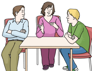 Drei Personen sitzen am Tisch. Eine Person vermittelt einen Streit zwischen zwei anderen.